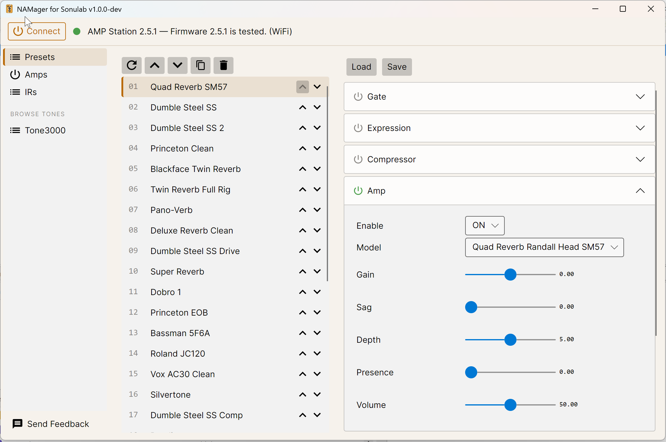 NAMager for Sonulab showing a preset list beside an amp editor